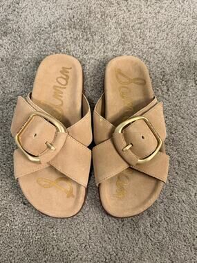 New Sam Edelman Beige Suede Slide Sandals Buckle Women's Size 6.5